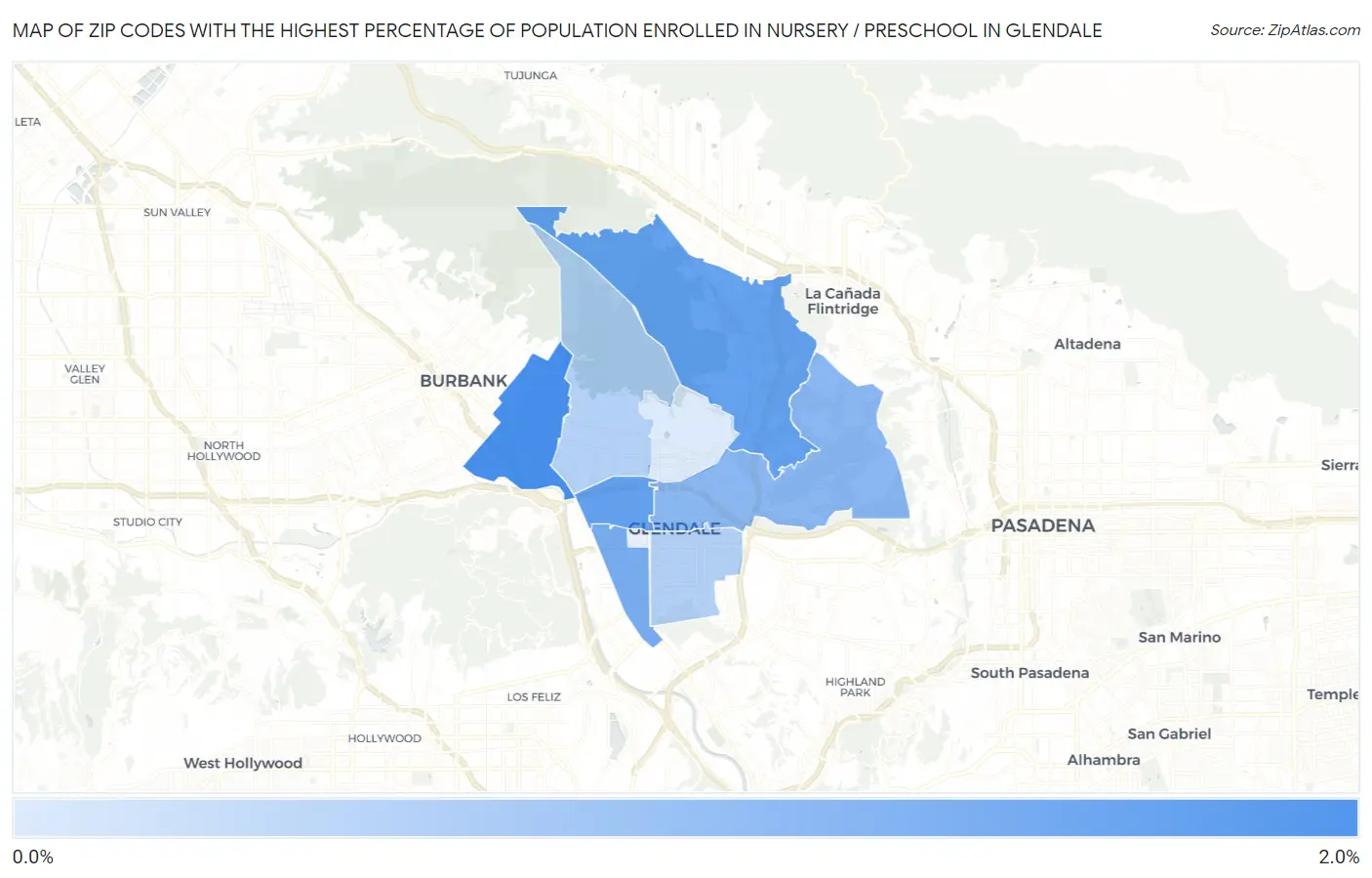 Zip Codes with the Highest Percentage of Population Enrolled in Nursery / Preschool in Glendale Map