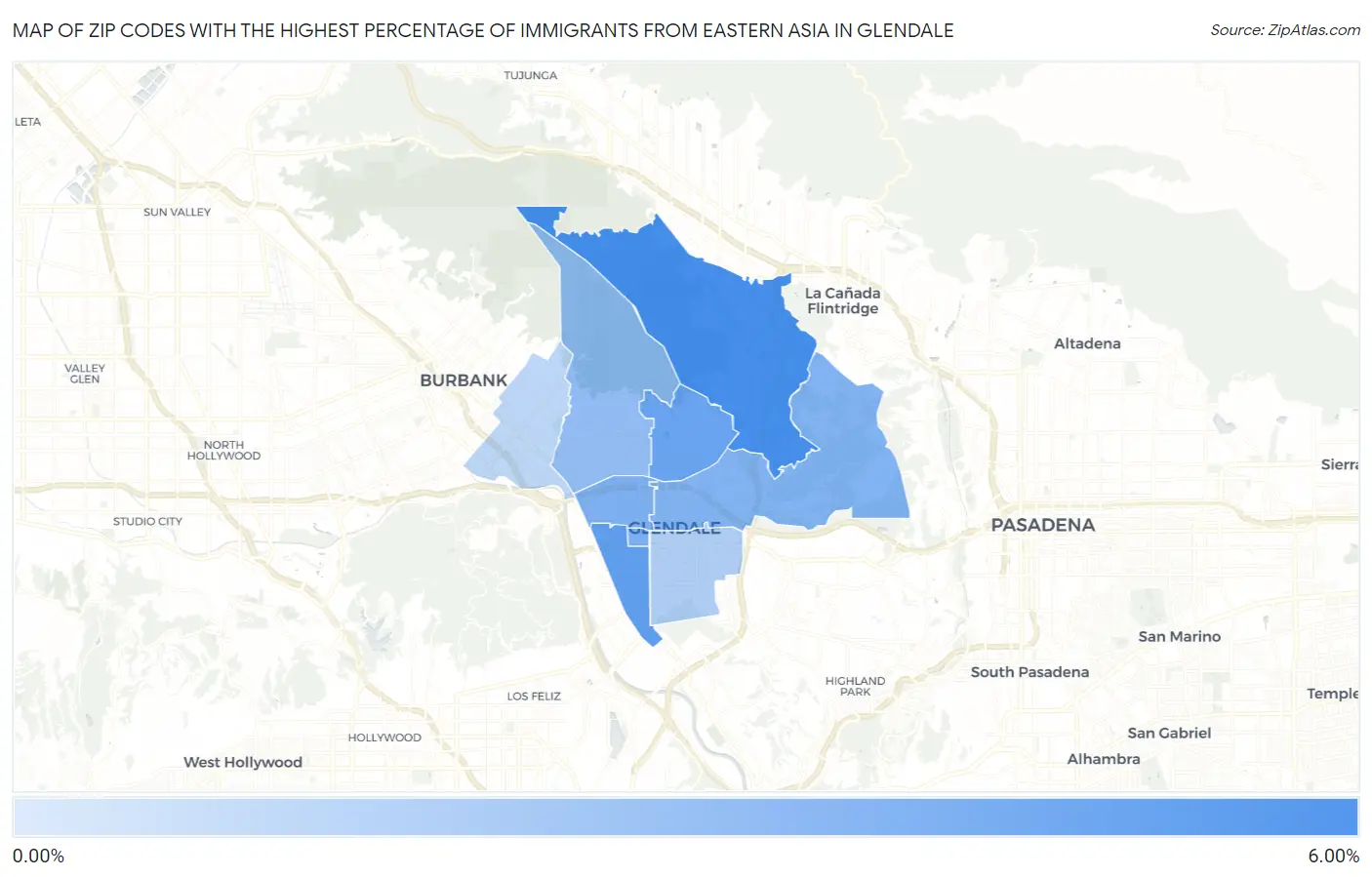 Zip Codes with the Highest Percentage of Immigrants from Eastern Asia in Glendale Map