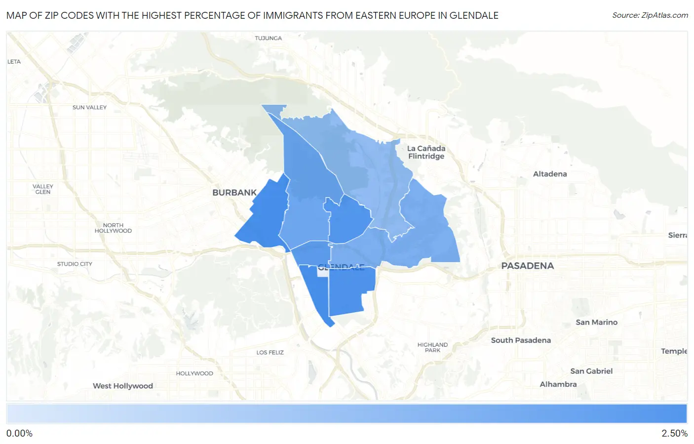 Zip Codes with the Highest Percentage of Immigrants from Eastern Europe in Glendale Map