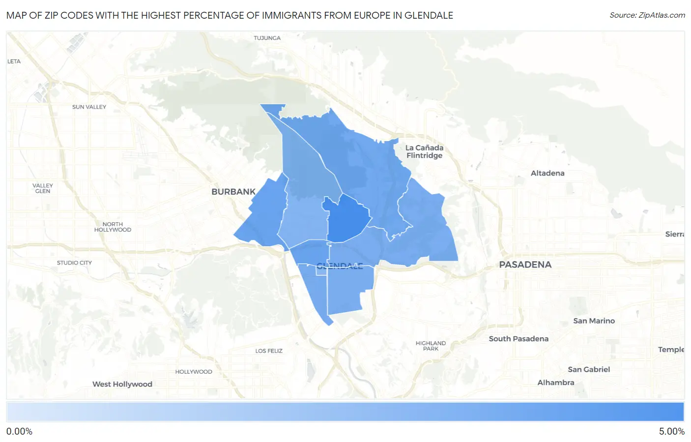 Zip Codes with the Highest Percentage of Immigrants from Europe in Glendale Map