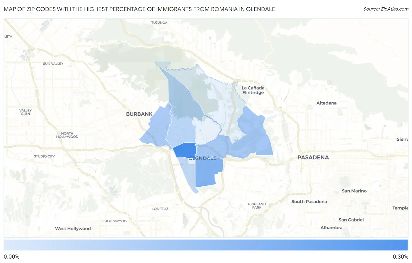 Zip Codes with the Highest Percentage of Immigrants from Romania in Glendale Map