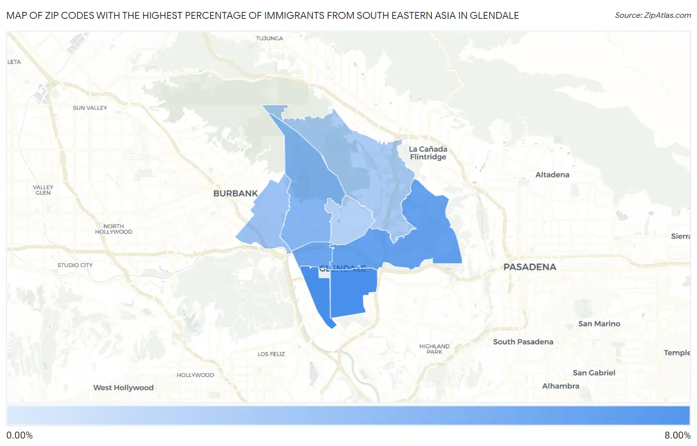 Zip Codes with the Highest Percentage of Immigrants from South Eastern Asia in Glendale Map