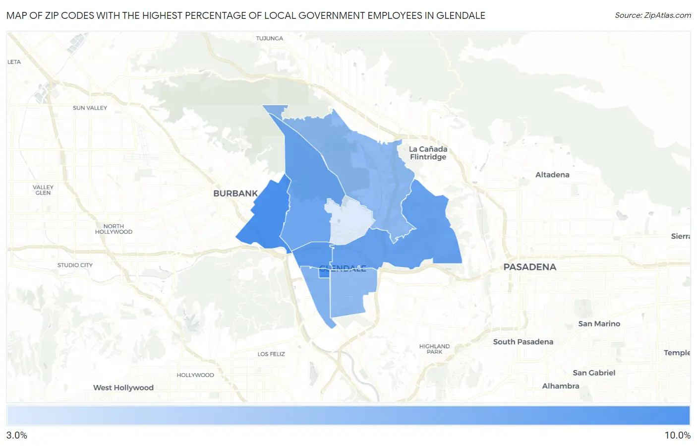 Zip Codes with the Highest Percentage of Local Government Employees in Glendale Map