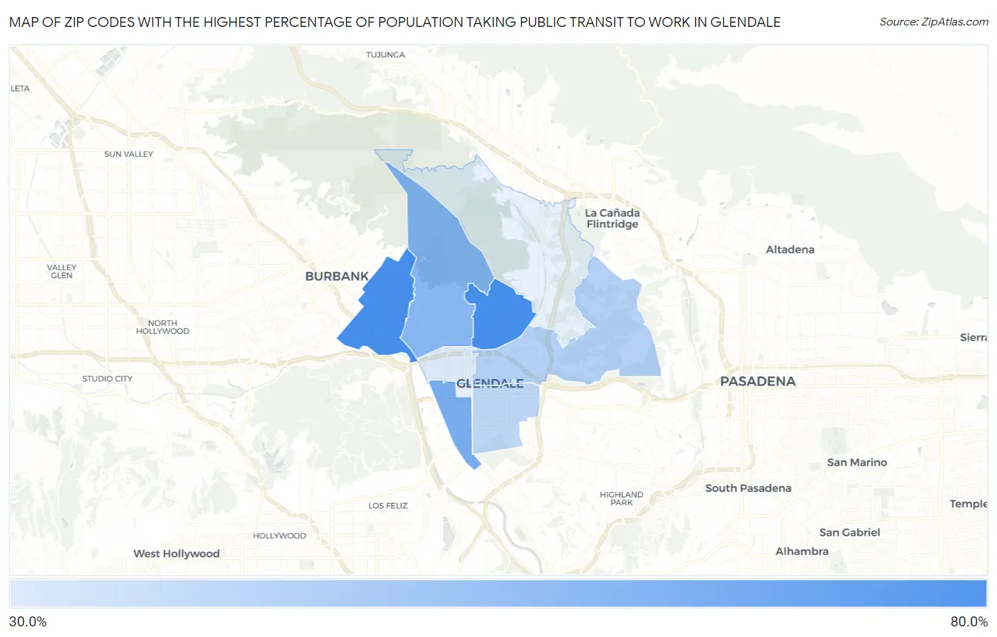 Zip Codes with the Highest Percentage of Population Taking Public Transit to Work in Glendale Map