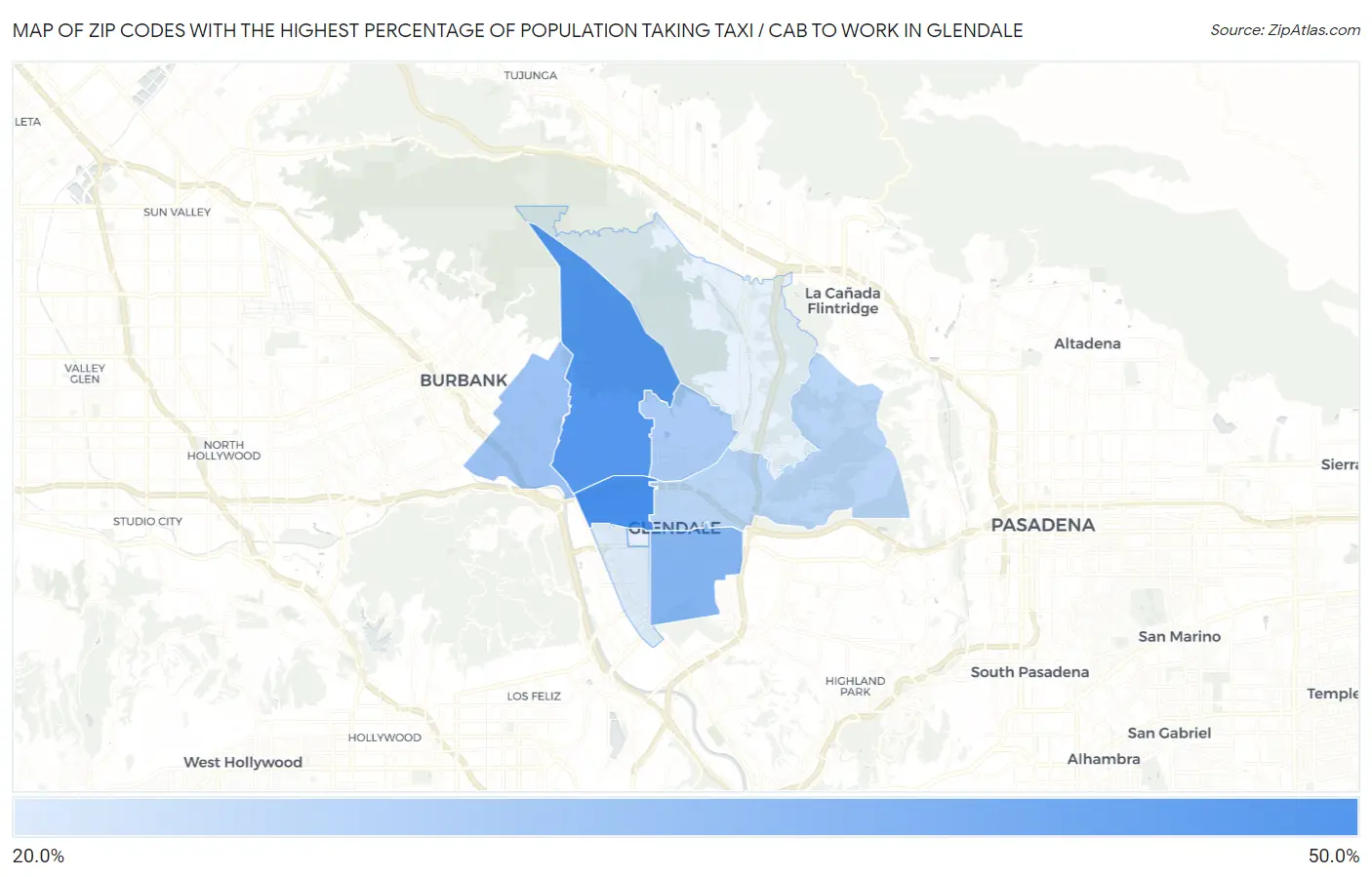 Zip Codes with the Highest Percentage of Population Taking Taxi / Cab to Work in Glendale Map