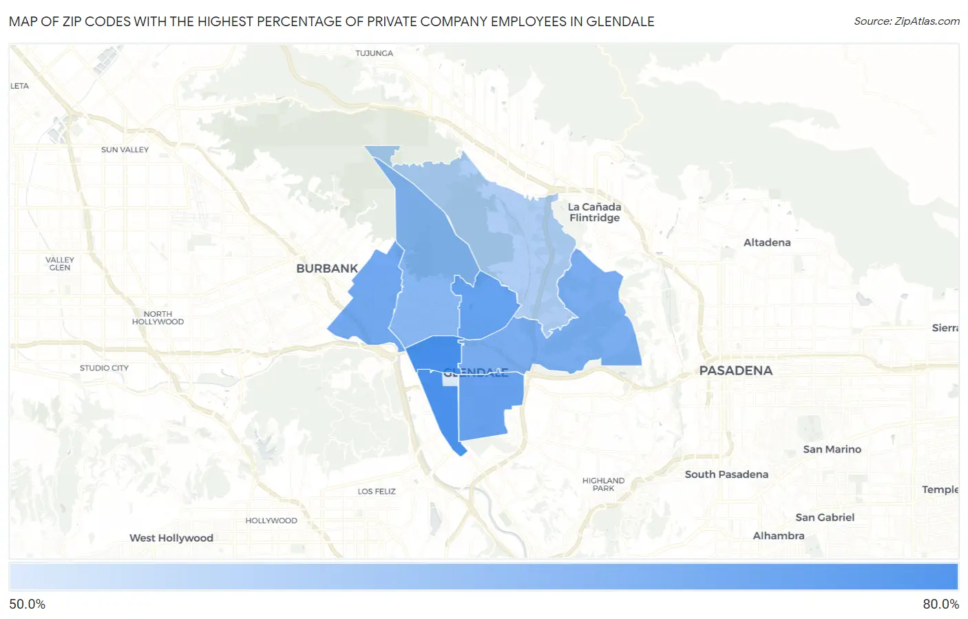 Zip Codes with the Highest Percentage of Private Company Employees in Glendale Map