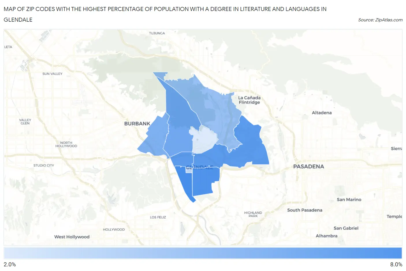 Zip Codes with the Highest Percentage of Population with a Degree in Literature and Languages in Glendale Map