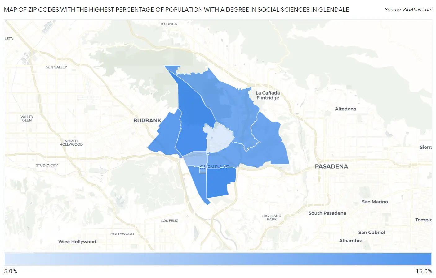 Zip Codes with the Highest Percentage of Population with a Degree in Social Sciences in Glendale Map