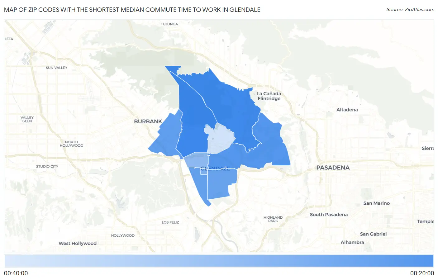 Zip Codes with the Shortest Median Commute Time to Work in Glendale Map