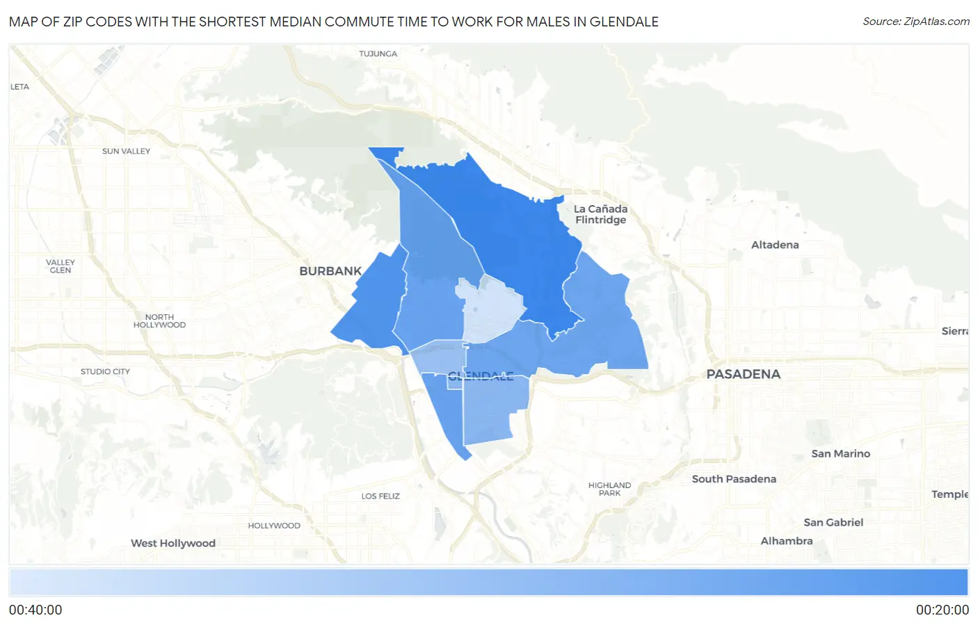 Zip Codes with the Shortest Median Commute Time to Work for Males in Glendale Map