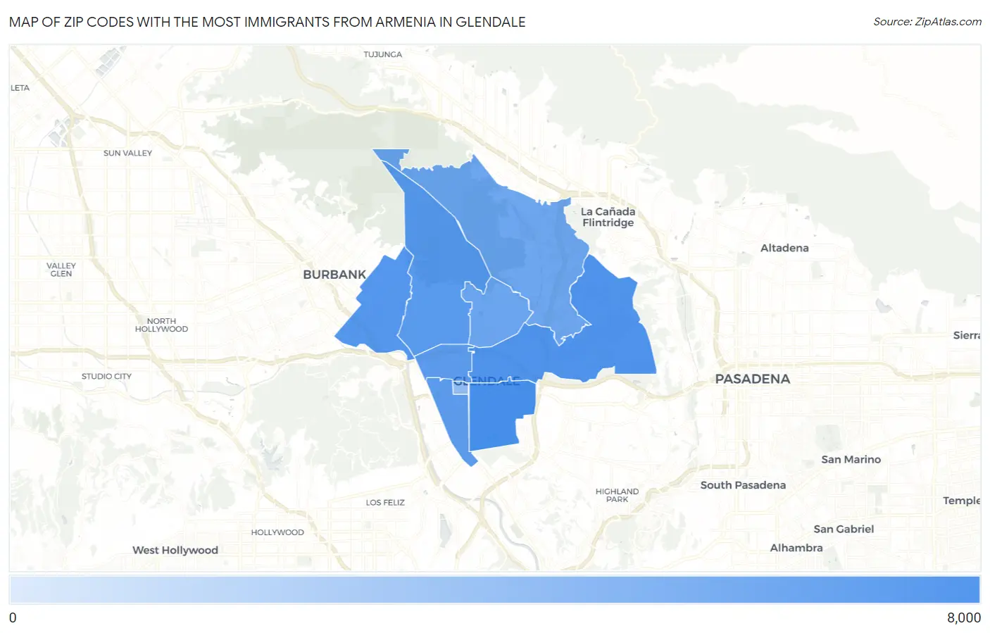 Zip Codes with the Most Immigrants from Armenia in Glendale Map