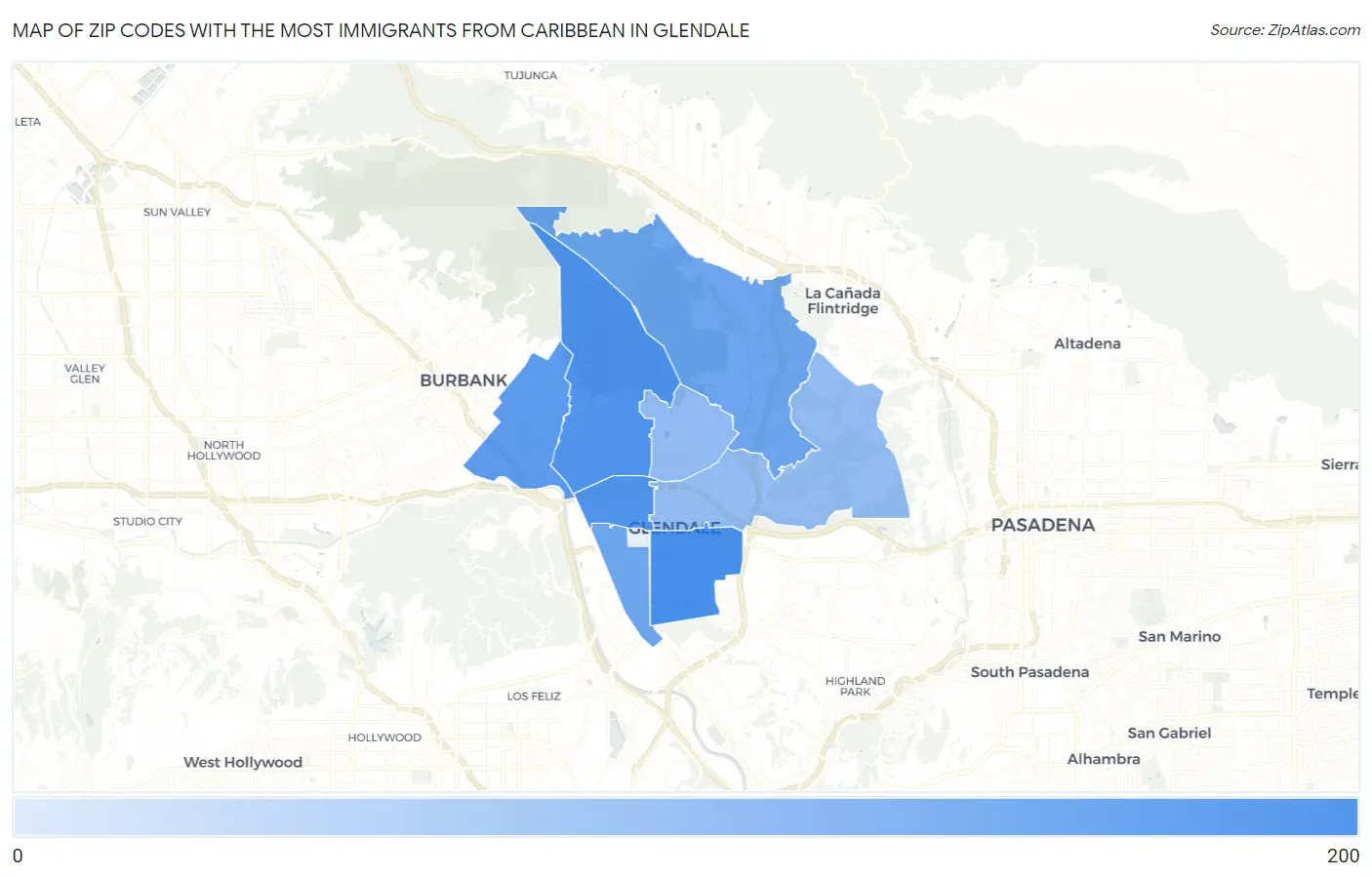 Zip Codes with the Most Immigrants from Caribbean in Glendale Map