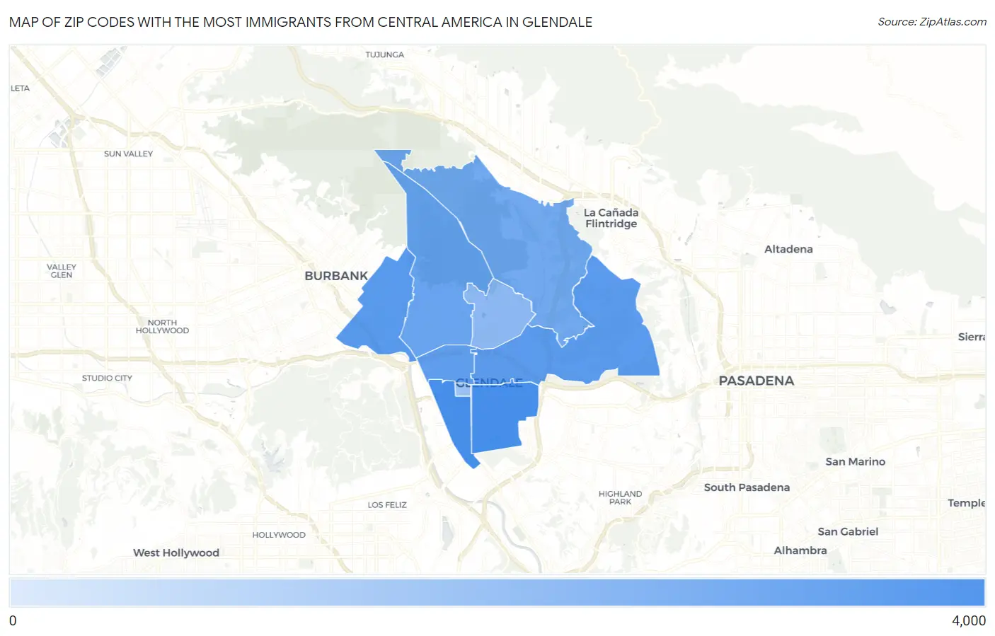 Zip Codes with the Most Immigrants from Central America in Glendale Map