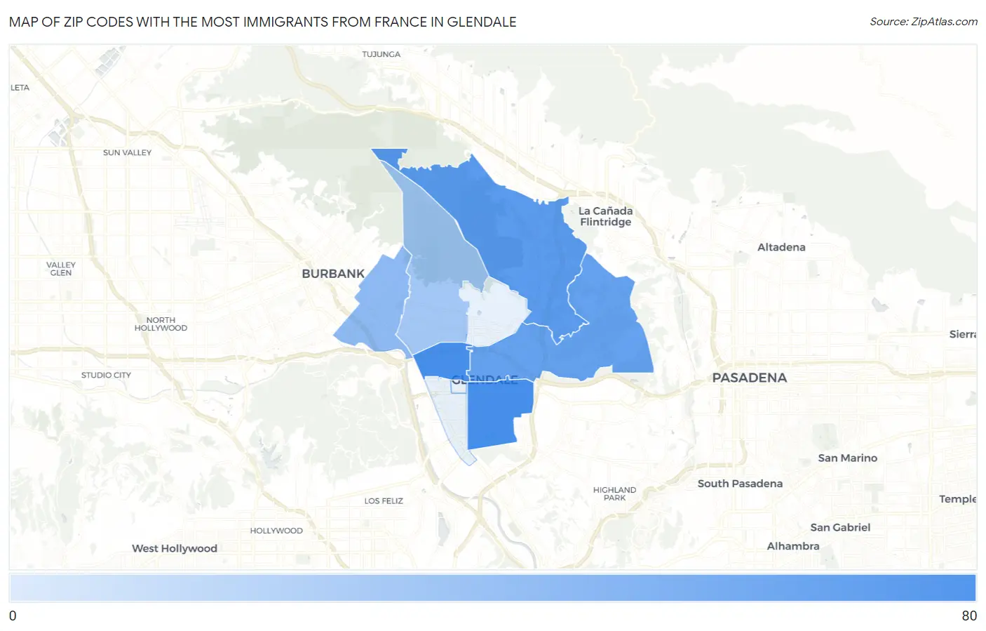 Zip Codes with the Most Immigrants from France in Glendale Map