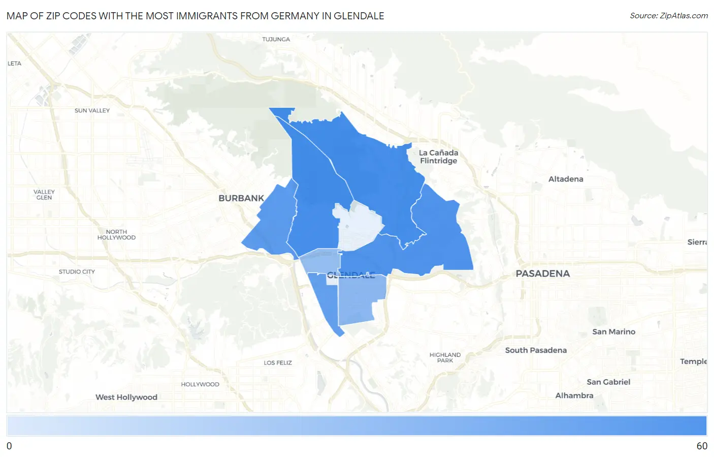 Zip Codes with the Most Immigrants from Germany in Glendale Map