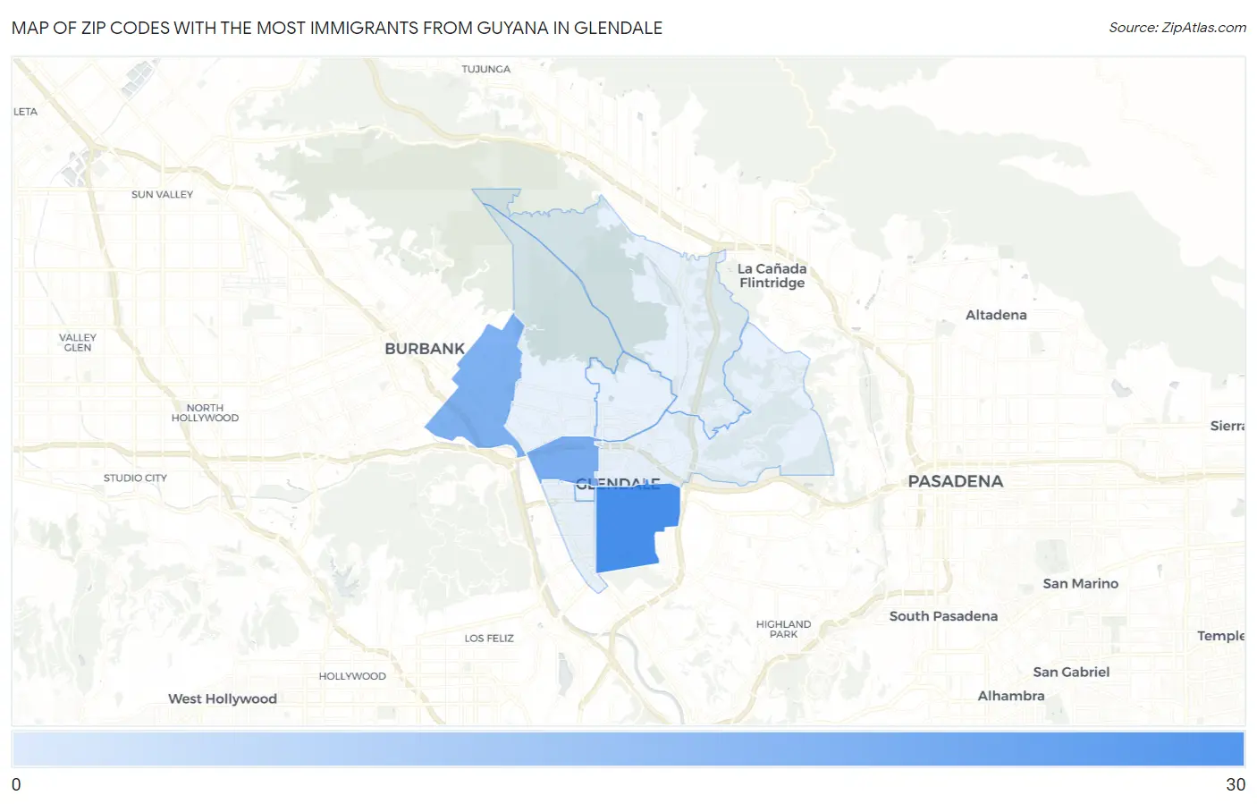 Zip Codes with the Most Immigrants from Guyana in Glendale Map