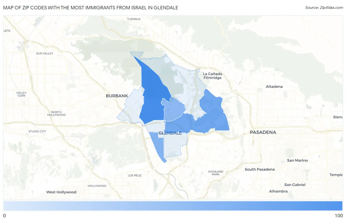 Zip Codes with the Most Immigrants from Israel in Glendale Map
