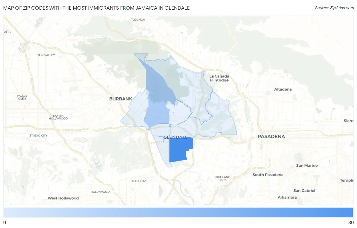 Zip Codes with the Most Immigrants from Jamaica in Glendale Map