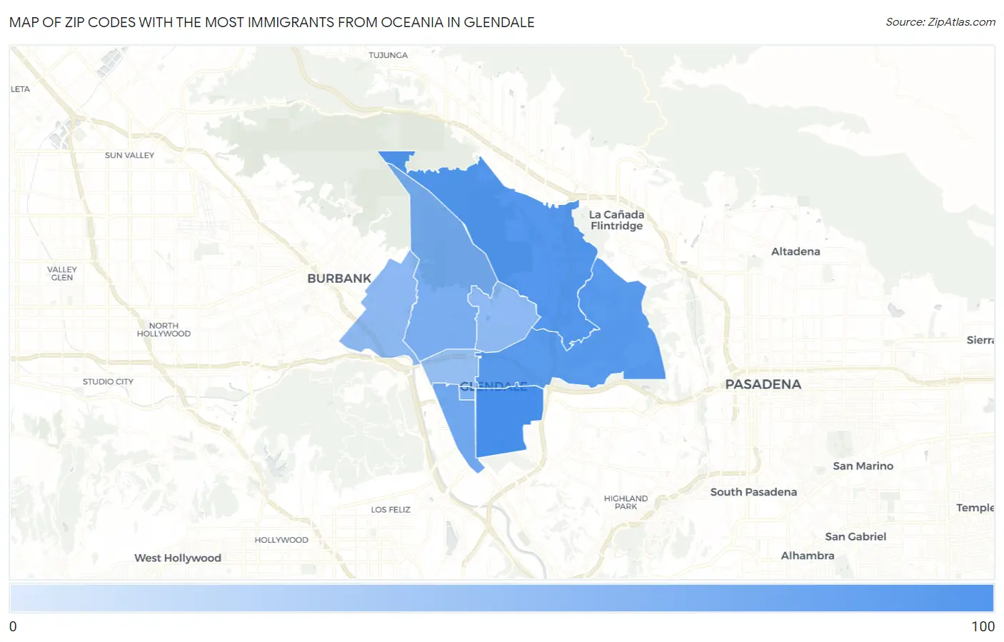 Zip Codes with the Most Immigrants from Oceania in Glendale Map