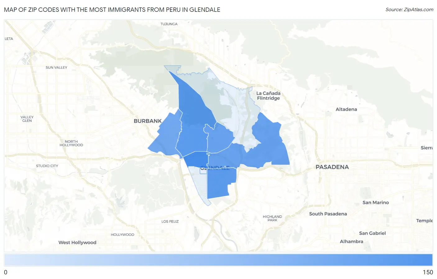 Zip Codes with the Most Immigrants from Peru in Glendale Map