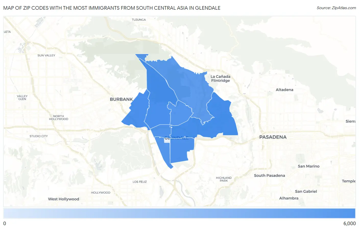 Zip Codes with the Most Immigrants from South Central Asia in Glendale Map