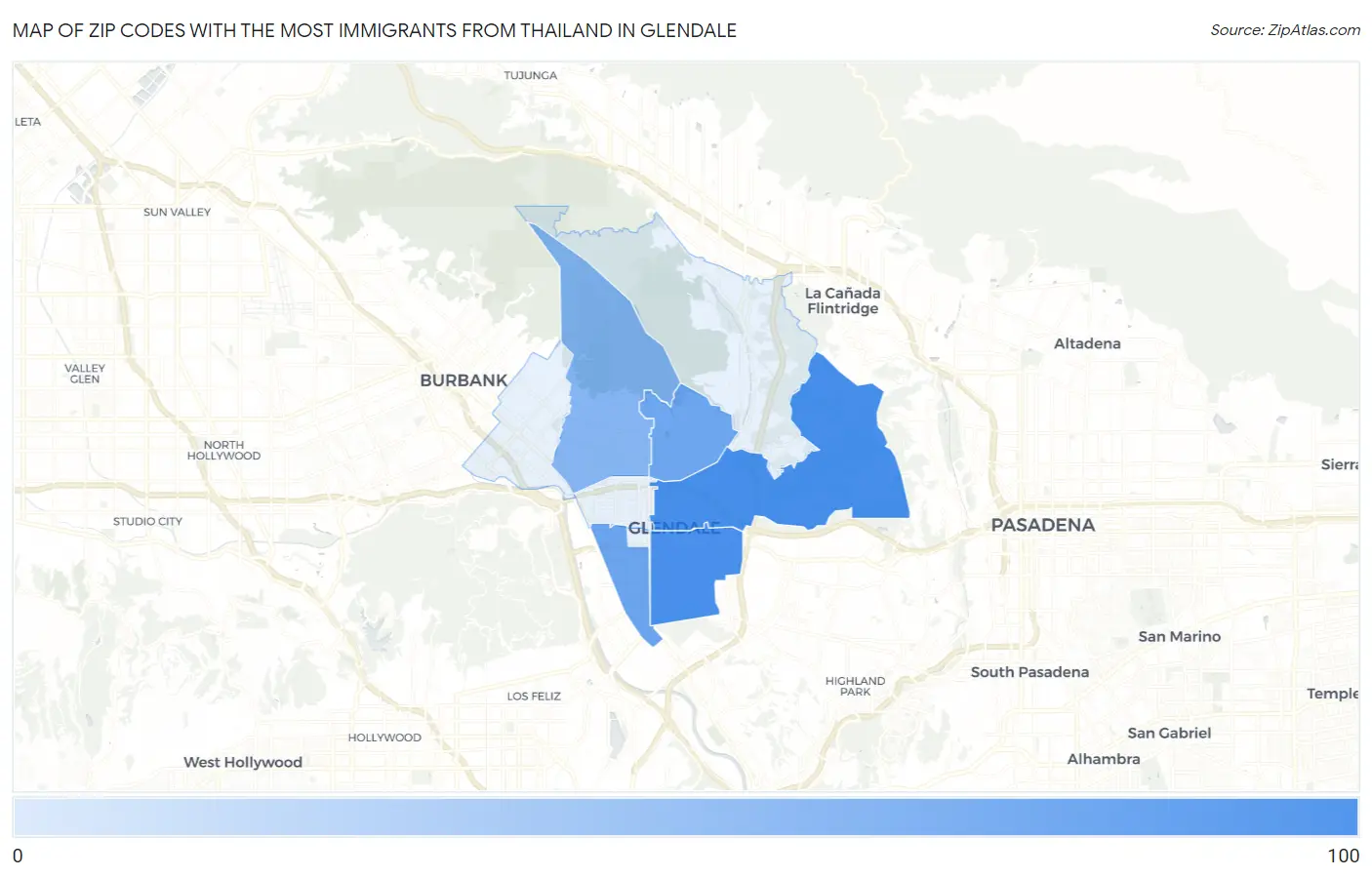 Zip Codes with the Most Immigrants from Thailand in Glendale Map