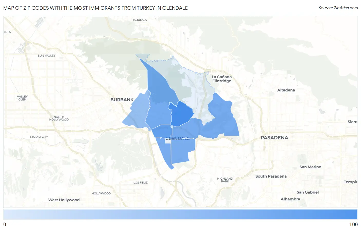 Zip Codes with the Most Immigrants from Turkey in Glendale Map
