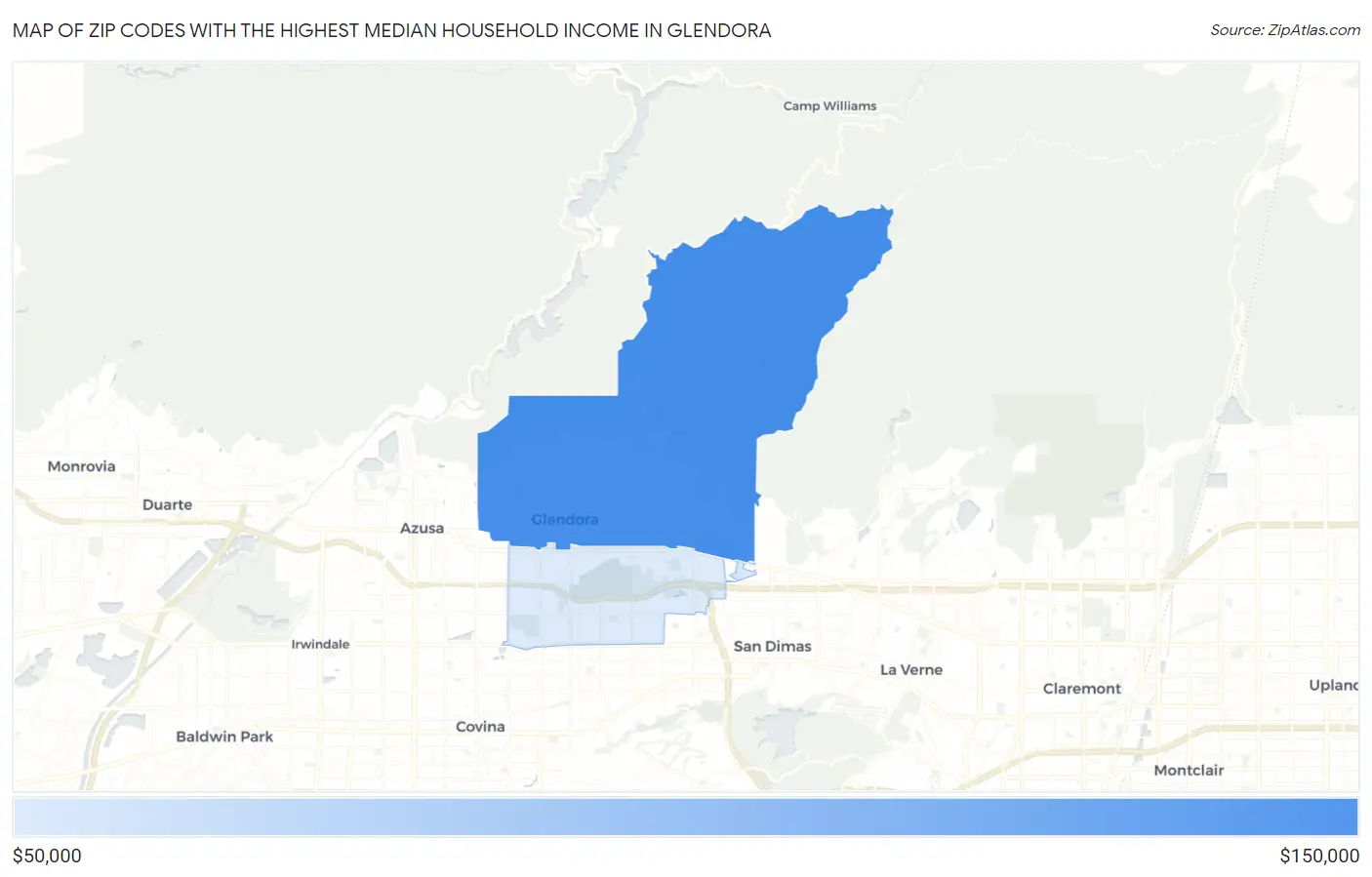 Zip Codes with the Highest Median Household Income in Glendora Map