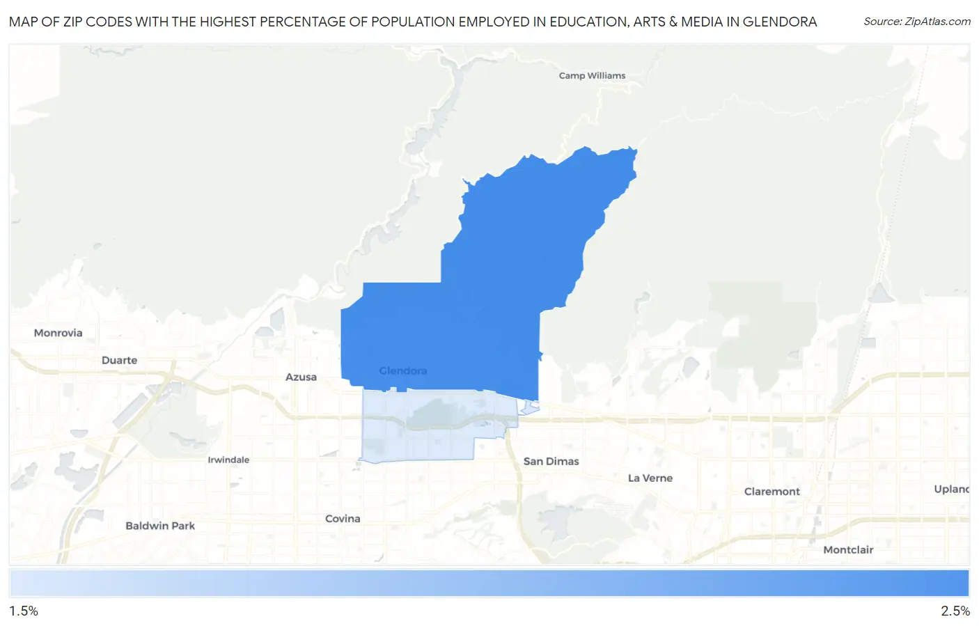 Zip Codes with the Highest Percentage of Population Employed in Education, Arts & Media in Glendora Map