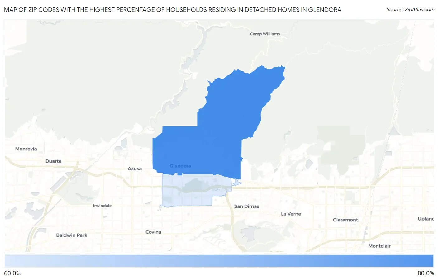 Zip Codes with the Highest Percentage of Households Residing in Detached Homes in Glendora Map