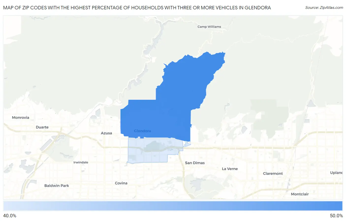 Zip Codes with the Highest Percentage of Households With Three or more Vehicles in Glendora Map