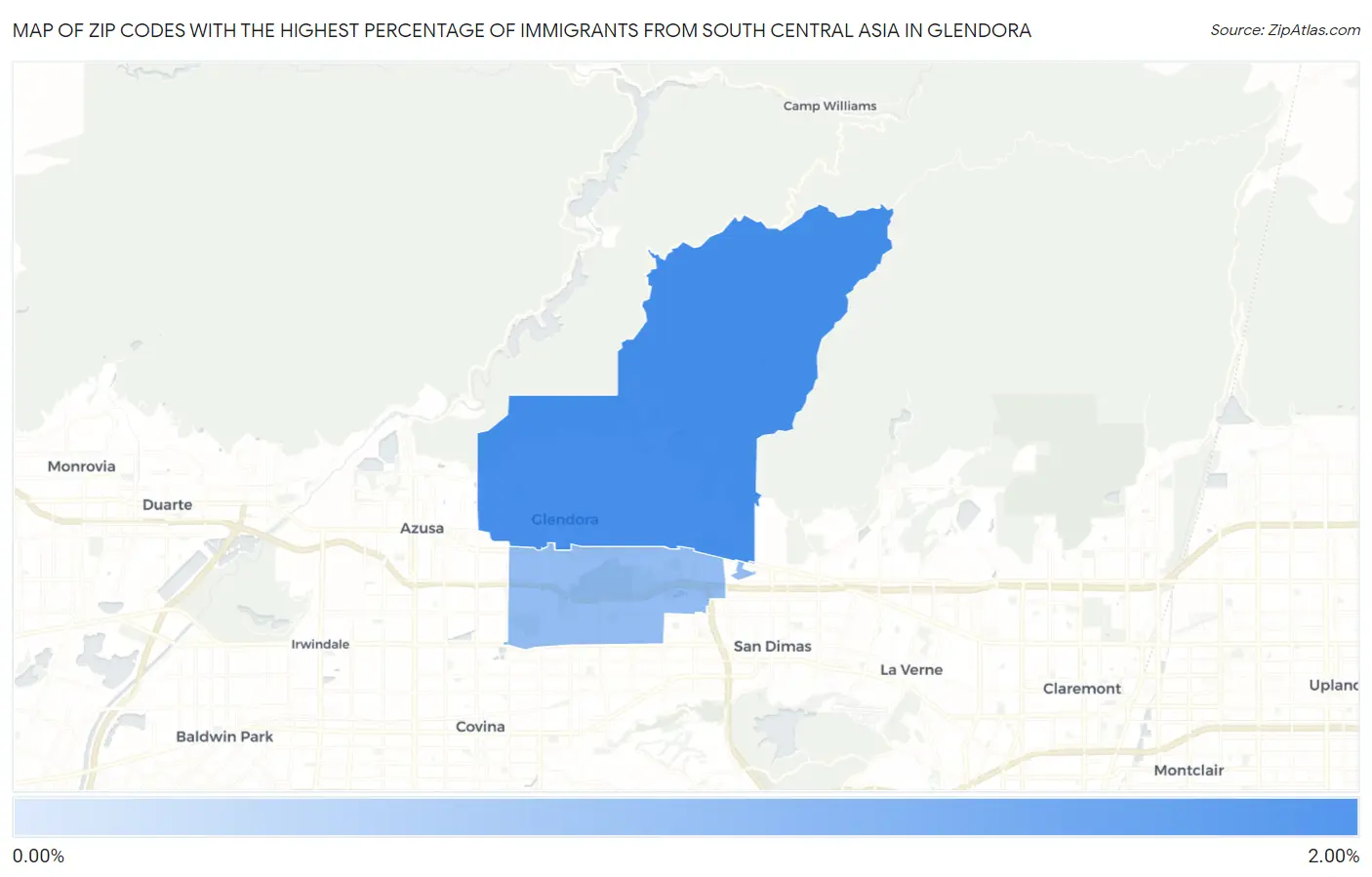 Zip Codes with the Highest Percentage of Immigrants from South Central Asia in Glendora Map