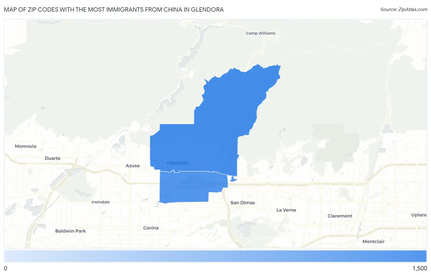Zip Codes with the Most Immigrants from China in Glendora Map
