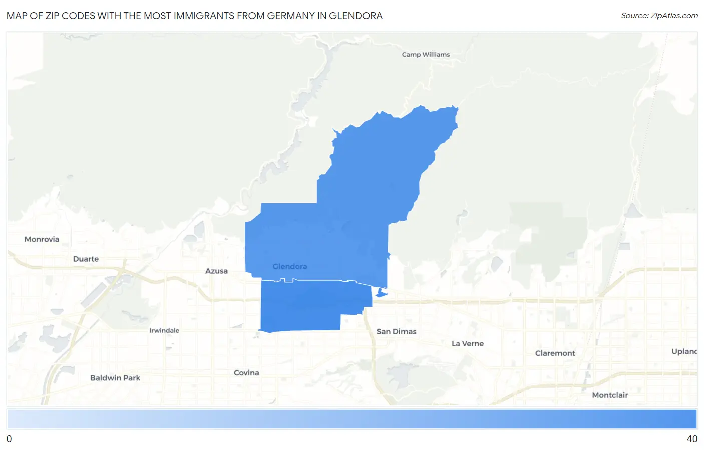 Zip Codes with the Most Immigrants from Germany in Glendora Map