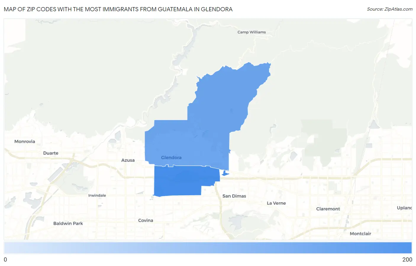 Zip Codes with the Most Immigrants from Guatemala in Glendora Map