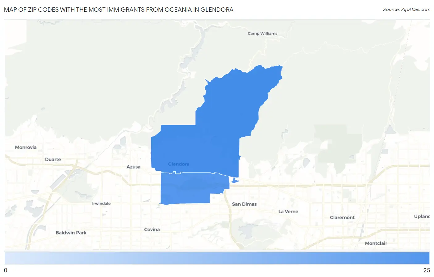 Zip Codes with the Most Immigrants from Oceania in Glendora Map