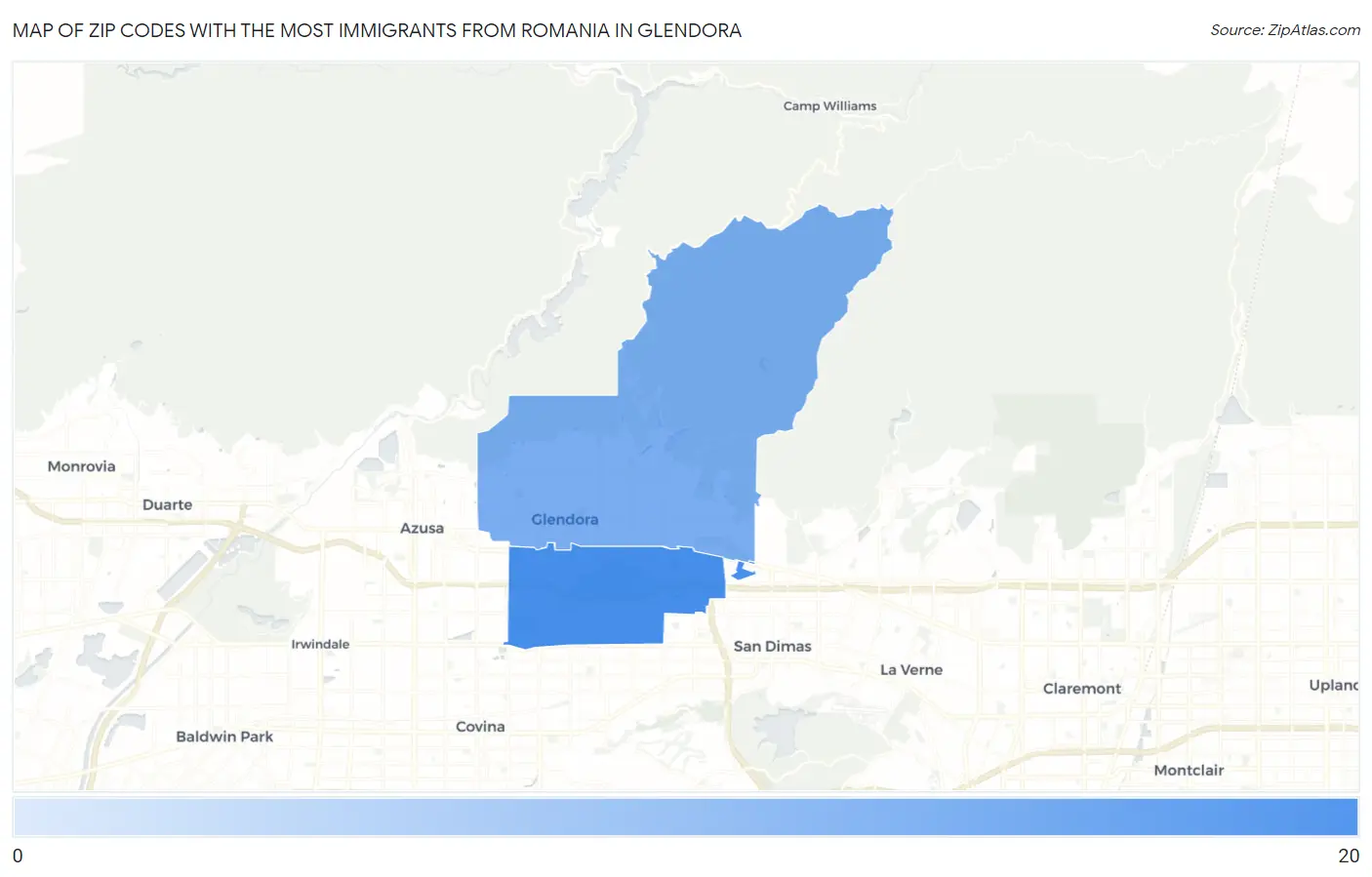 Zip Codes with the Most Immigrants from Romania in Glendora Map