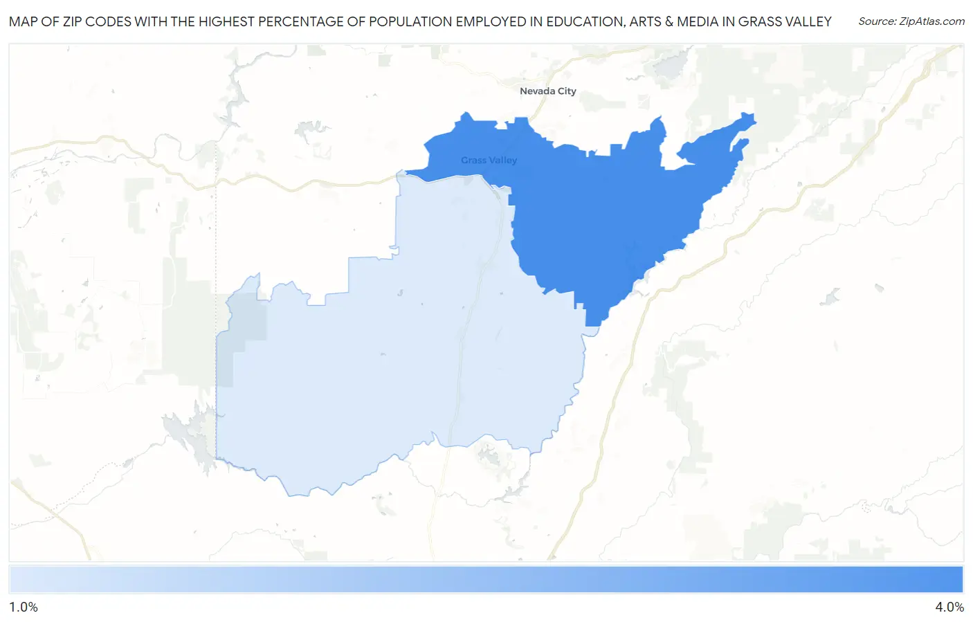 Zip Codes with the Highest Percentage of Population Employed in Education, Arts & Media in Grass Valley Map