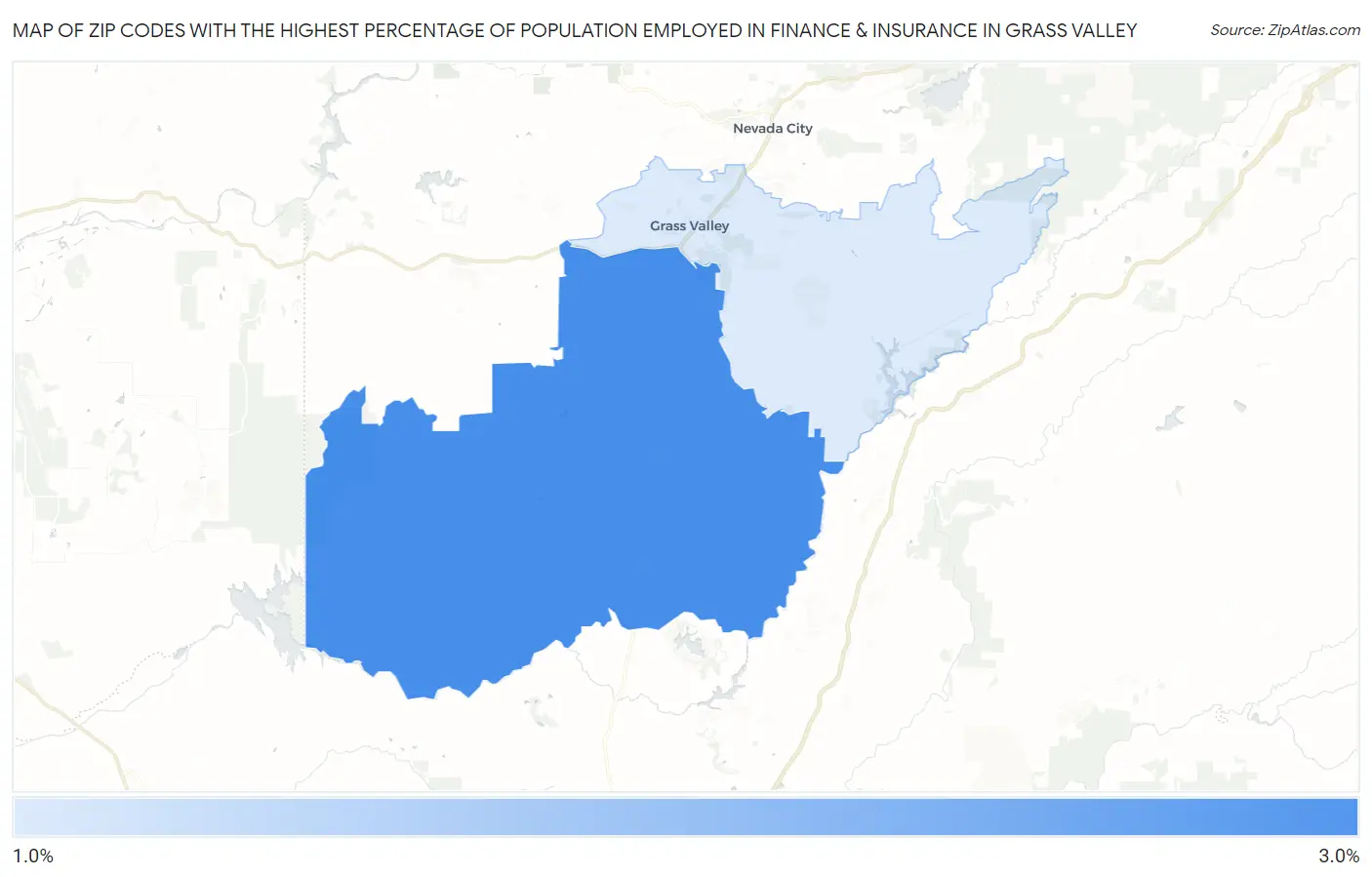 Zip Codes with the Highest Percentage of Population Employed in Finance & Insurance in Grass Valley Map