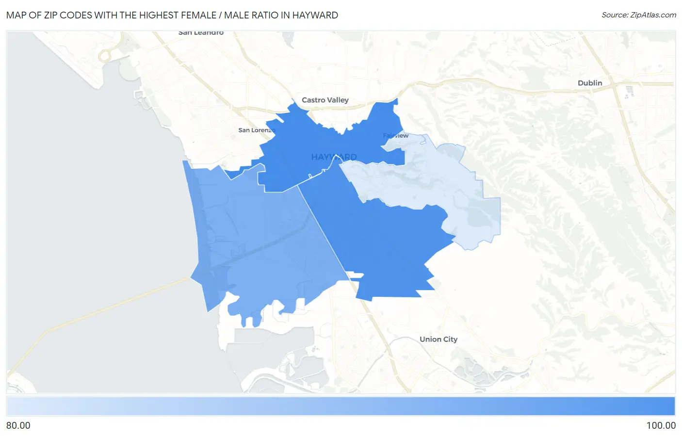 Zip Codes with the Highest Female / Male Ratio in Hayward Map