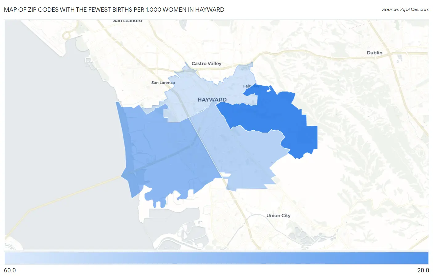 Zip Codes with the Fewest Births per 1,000 Women in Hayward Map