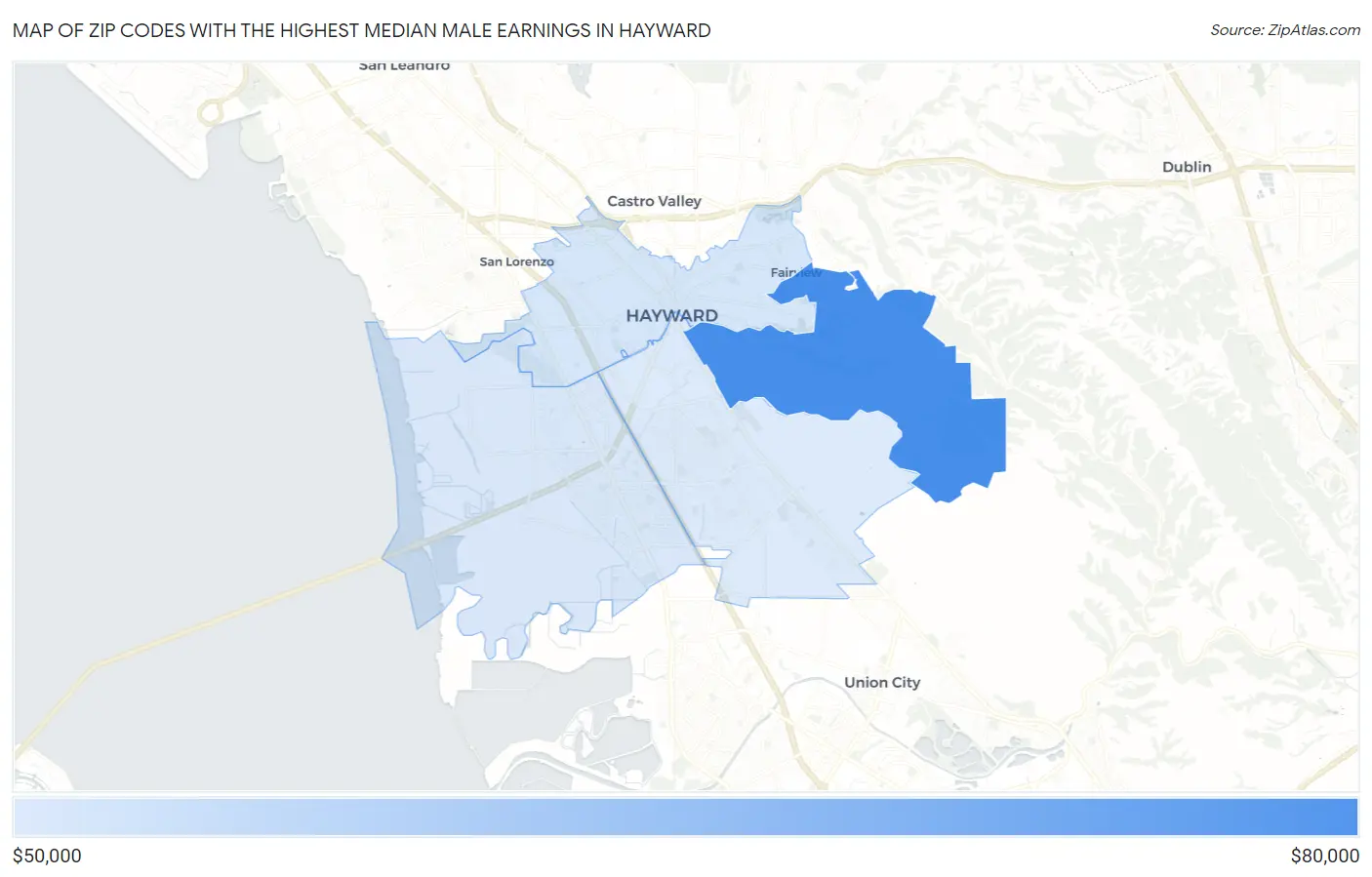 Zip Codes with the Highest Median Male Earnings in Hayward Map