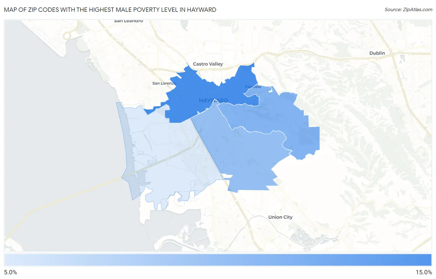 Zip Codes with the Highest Male Poverty Level in Hayward Map