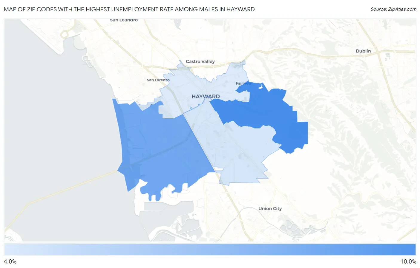 Zip Codes with the Highest Unemployment Rate Among Males in Hayward Map