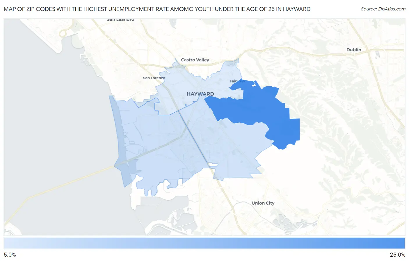 Zip Codes with the Highest Unemployment Rate Amomg Youth Under the Age of 25 in Hayward Map
