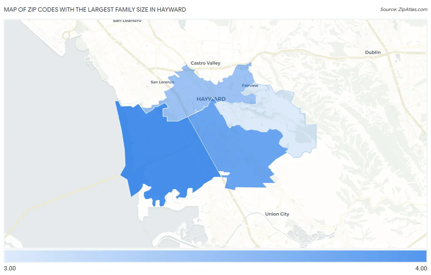 Zip Codes with the Largest Family Size in Hayward Map