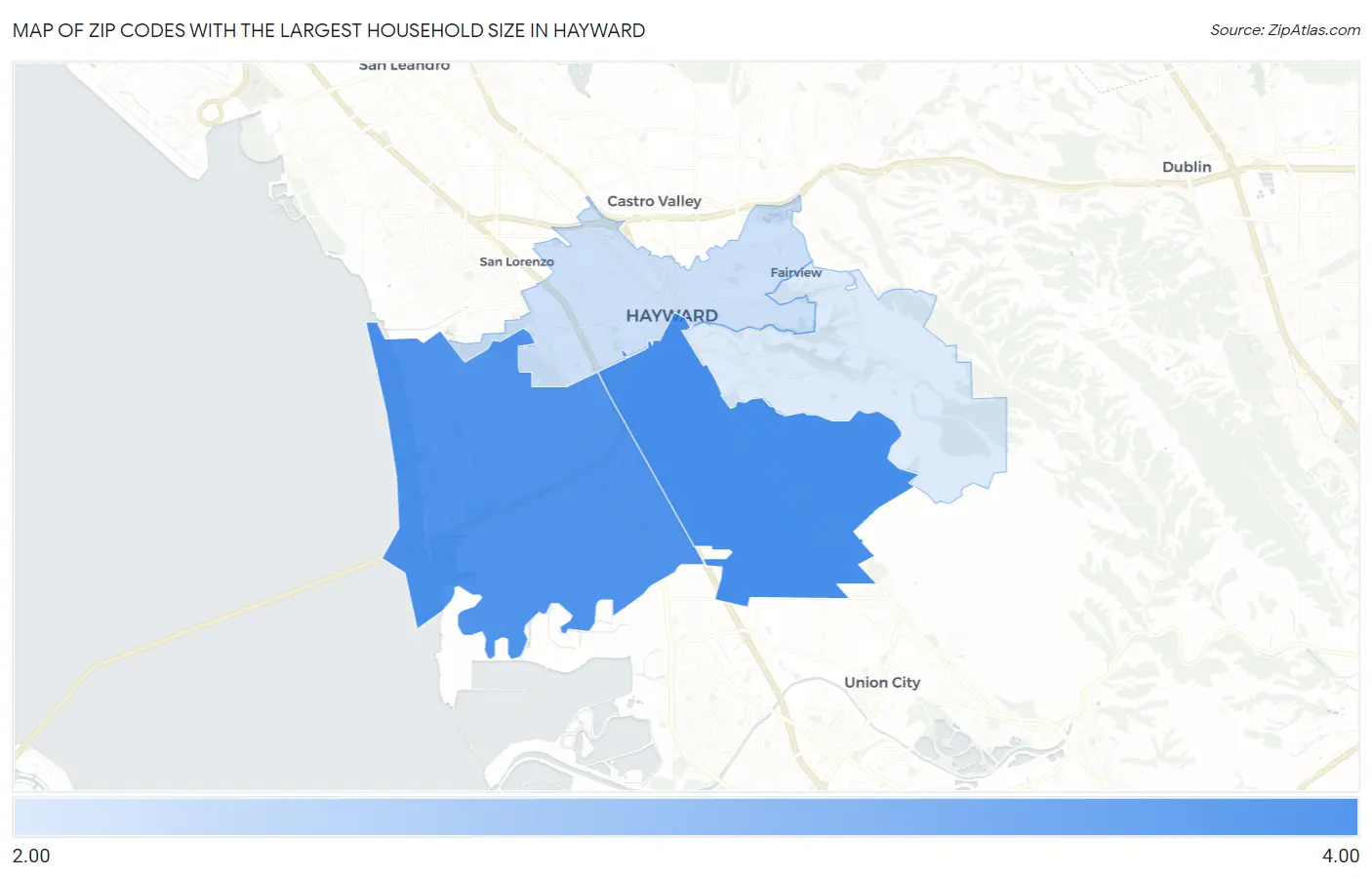 Zip Codes with the Largest Household Size in Hayward Map