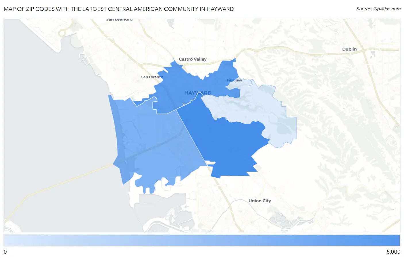 Zip Codes with the Largest Central American Community in Hayward Map