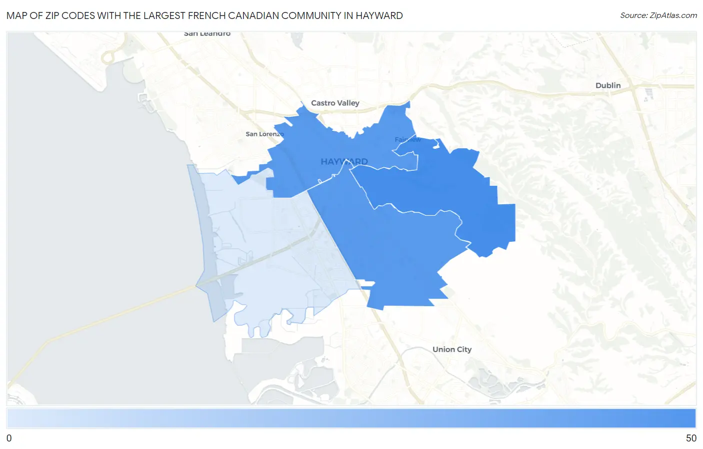 Zip Codes with the Largest French Canadian Community in Hayward Map