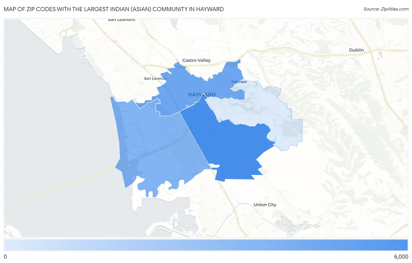 Zip Codes with the Largest Indian (Asian) Community in Hayward Map